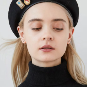 Wool beret, military beret hat with leather trim and vintage badges.