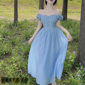 Vintage Blue Daisy Floral Dress, Puffy Sleeve Off Shoulder Dress