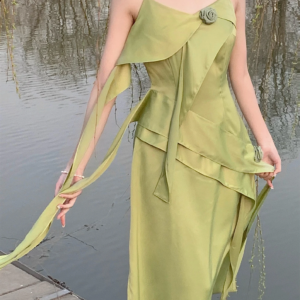 Vintage Green Rose Satin Dress, Spaghetti Straps 3D Floral Dress
