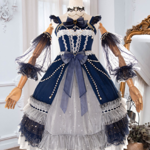 Classical Starry Night Lolita Dress, Royal Blue Glitter Tulle Lace Ruffle Dress