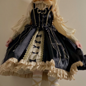 Gothic Black Gold Lolita Dress, Lace Ruffles Lolita Dress, Vintage Elegant Dress