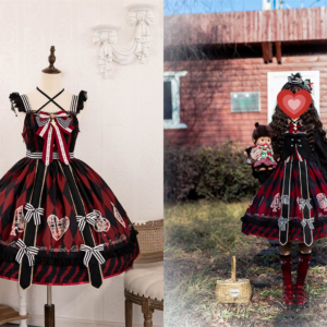 Alice in Wonderland Lolita Dress, Sweet Kwaii Lolita Dress, Burgundy Lace Ruffles Lolita Dress Set