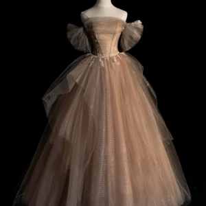 Khaki Floral Lace Polka Dot Elegant Dress, Tulle Sequins Off-Shoulder Prom Dress
