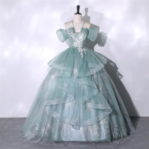 Dusty Green Flower Lace Firework Tulle Layers Elegant Dress, Prom Dress Fairy