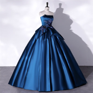 Yale Blue Floral Lace Beading Satin Dress, Elegant Prom Dress