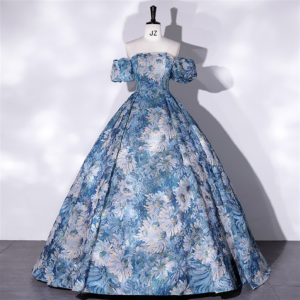 Vintage Blue Oil-Painting Flowers Satin Dress, Elegant Prom Dress