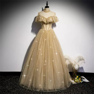 Champagne Gold Beading Glitter Sparkle Tulle Dress