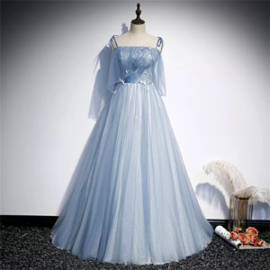 Pale Blue Lace Beading Glitter Sparkle Tulle Dress, Elegant Prom Dress