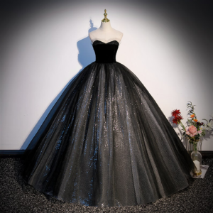 Black Sparkle Sequins Velvet Tulle Dress, Elegant Prom Dress
