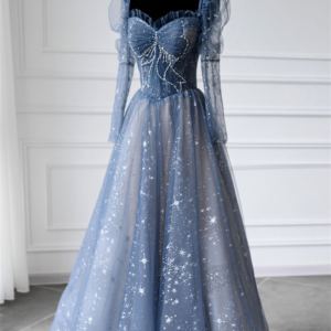 Dusty Blue Beading Celestial Glitter Sparkle Tulle Bow Dress, Elegant Prom Dress