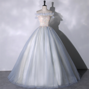 Pale Blue Champagne Floral Appliques Tulle Dress, Elegant Prom Dress