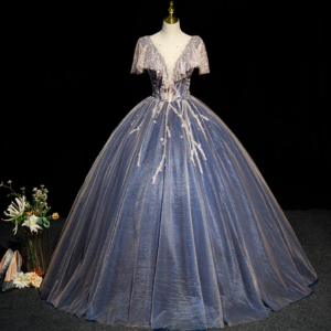 Navy Blue Beading Sequins Shiny Tulle Dress, Elegant Prom Dress