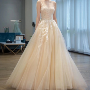 Champagne Beading Floral Lace Tulle Dress, Elegant Prom Dress