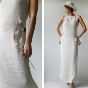 Vintage cream white linen cotton side clasp maxi dress