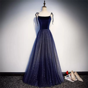 Dark blue princess dress for birthday, starry sky evening dress, glitter women’s tulle dress with velvet
